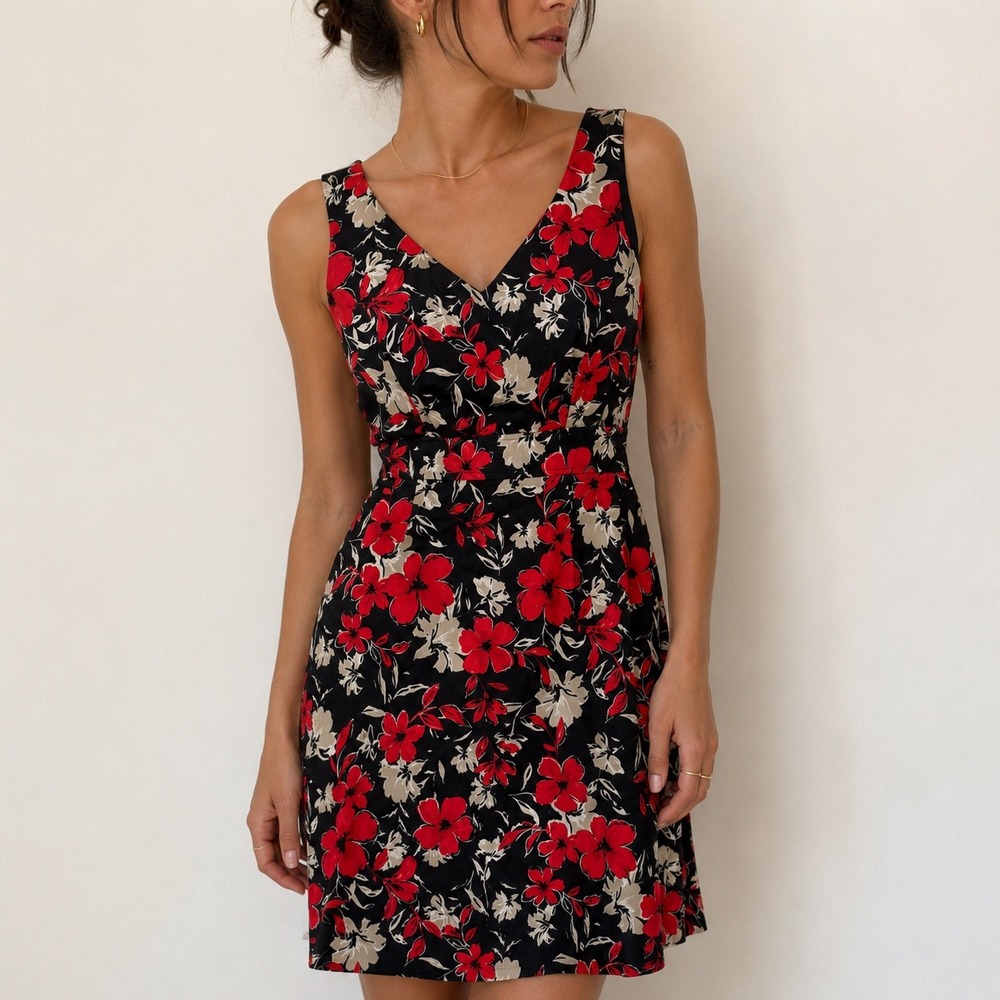 Talbots Black Red Floral Sheath Dress V-Neck Cotton Stretch 8P Classic Retro‎